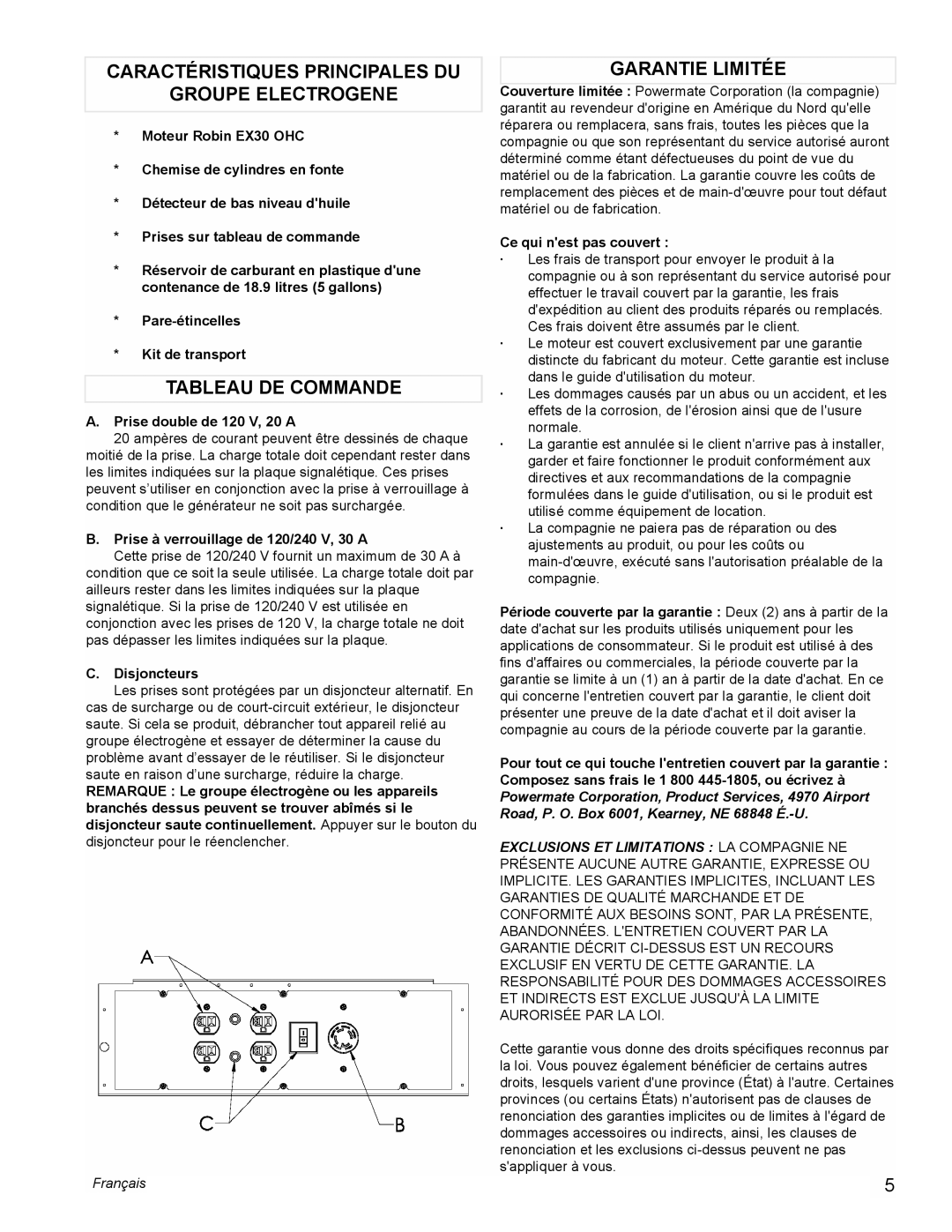 Powermate PMC435250 Caractéristiques Principales Du, Groupe Electrogene, Tableau De Commande, Garantie Limitée, Français 