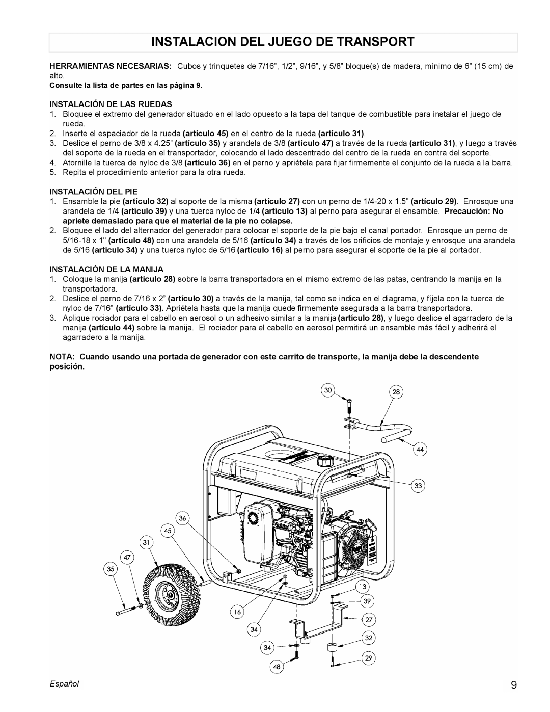 Powermate PMC435250 manual Instalacion Del Juego De Transport, Instalación De Las Ruedas, Instalación Del Pie, Español 