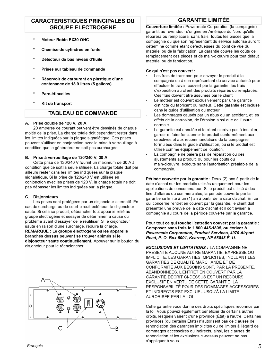 Powermate PMC435250 manual Caractéristiques Principales DU Groupe Electrogene, Tableau DE Commande, Garantie Limitée 