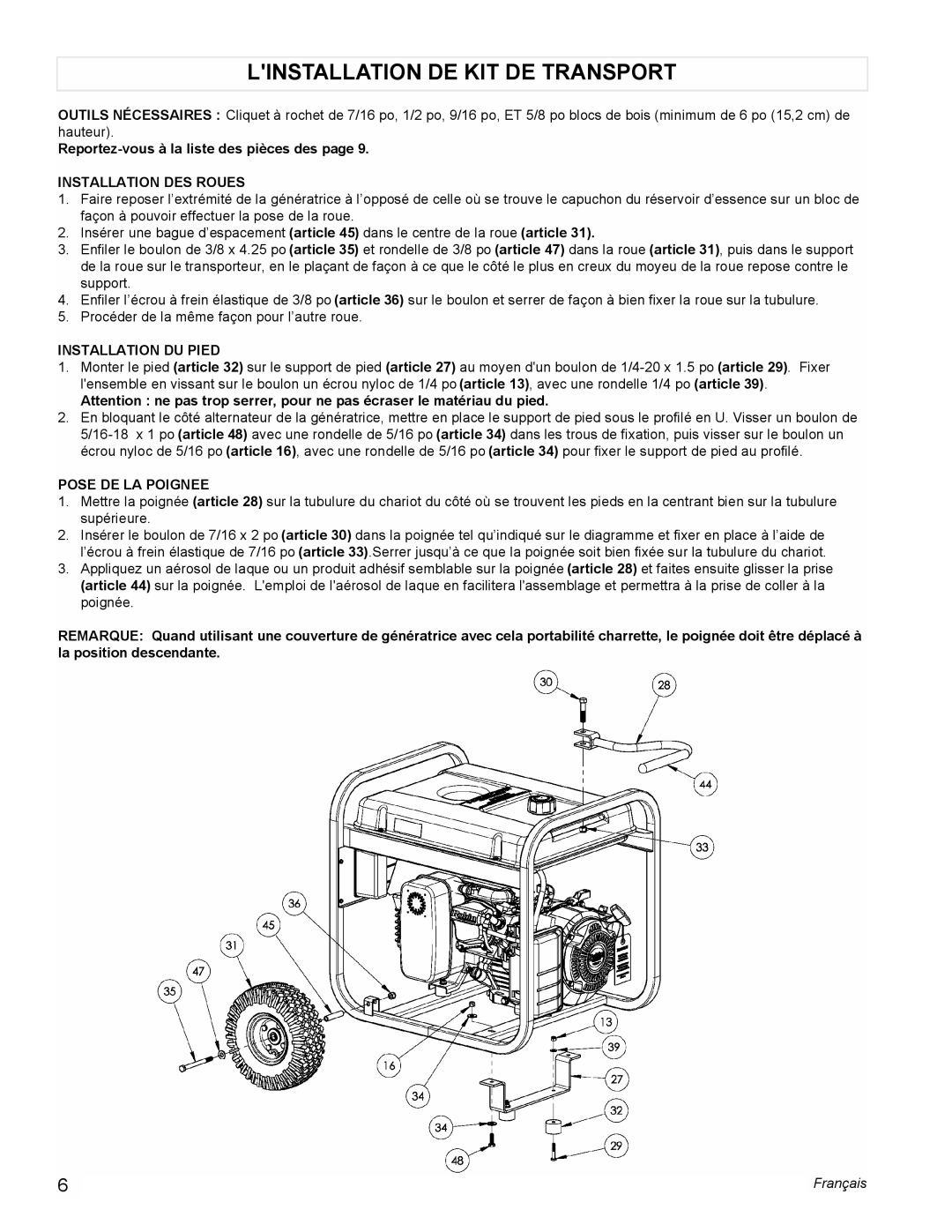 Powermate PMC435250 Linstallation DE KIT DE Transport, Installation DES Roues, Installation DU Pied, Pose DE LA Poignee 