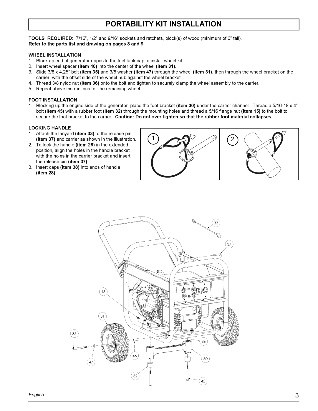Powermate PMC435251 manual Portability Kit Installation, Wheel Installation, Foot Installation, Locking Handle, English 