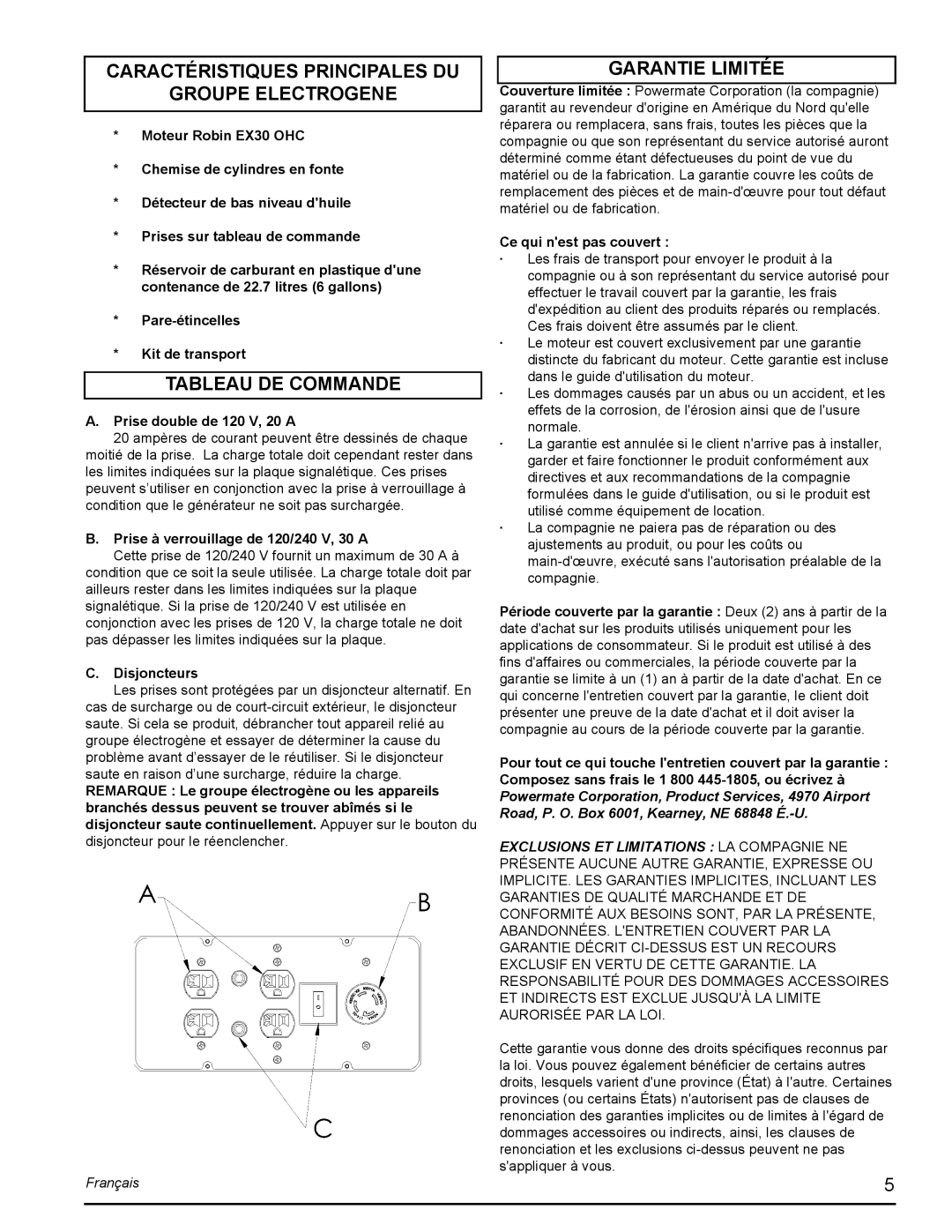 Powermate PMC435251 Caractéristiques Principales Du, Groupe Electrogene, Tableau De Commande, Garantie Limitée, Français 