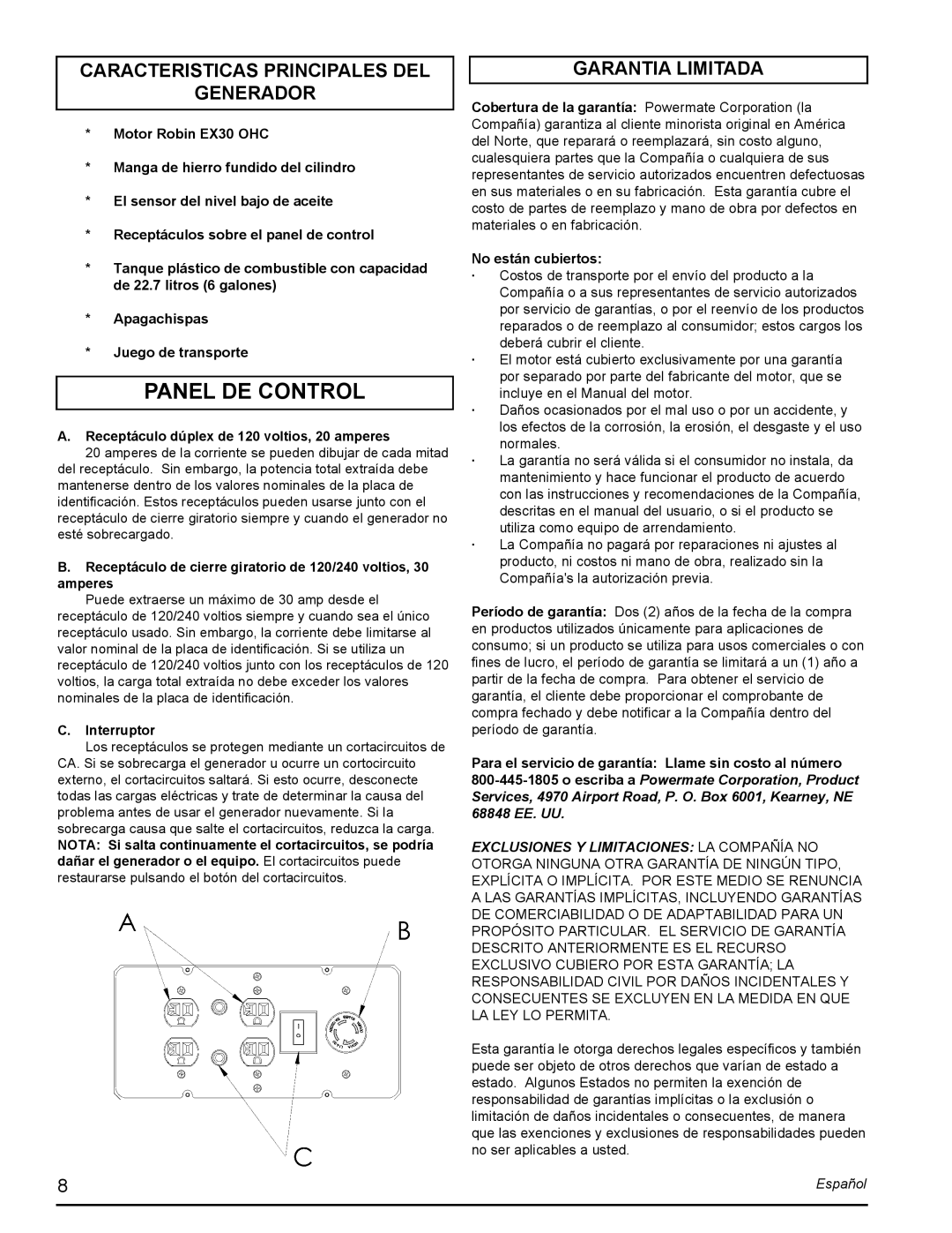 Powermate PMC435251 manual Panel De Control, Caracteristicas Principales Del Generador, Garantia Limitada, Español 