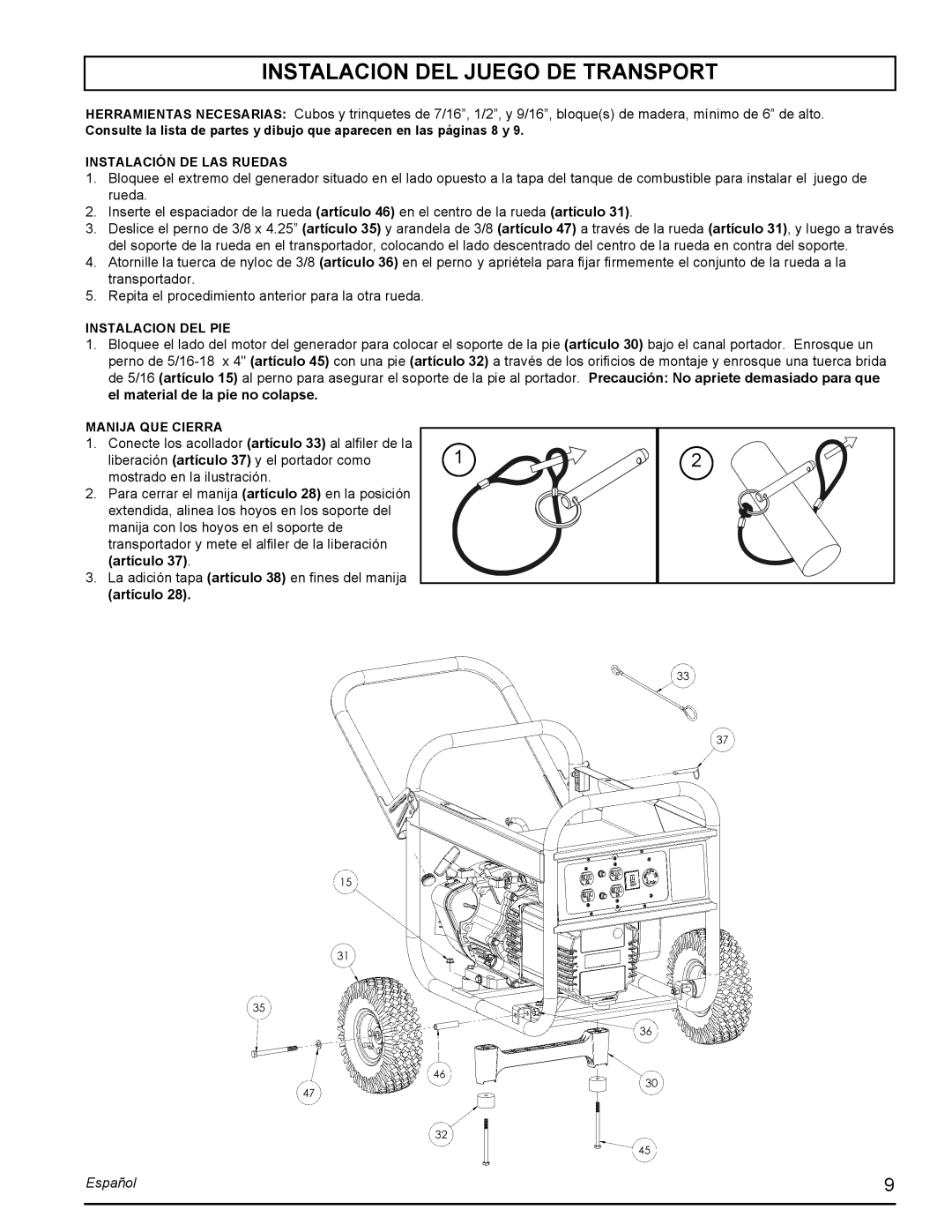Powermate PMC435251 manual Instalacion Del Juego De Transport, artículo, Español 