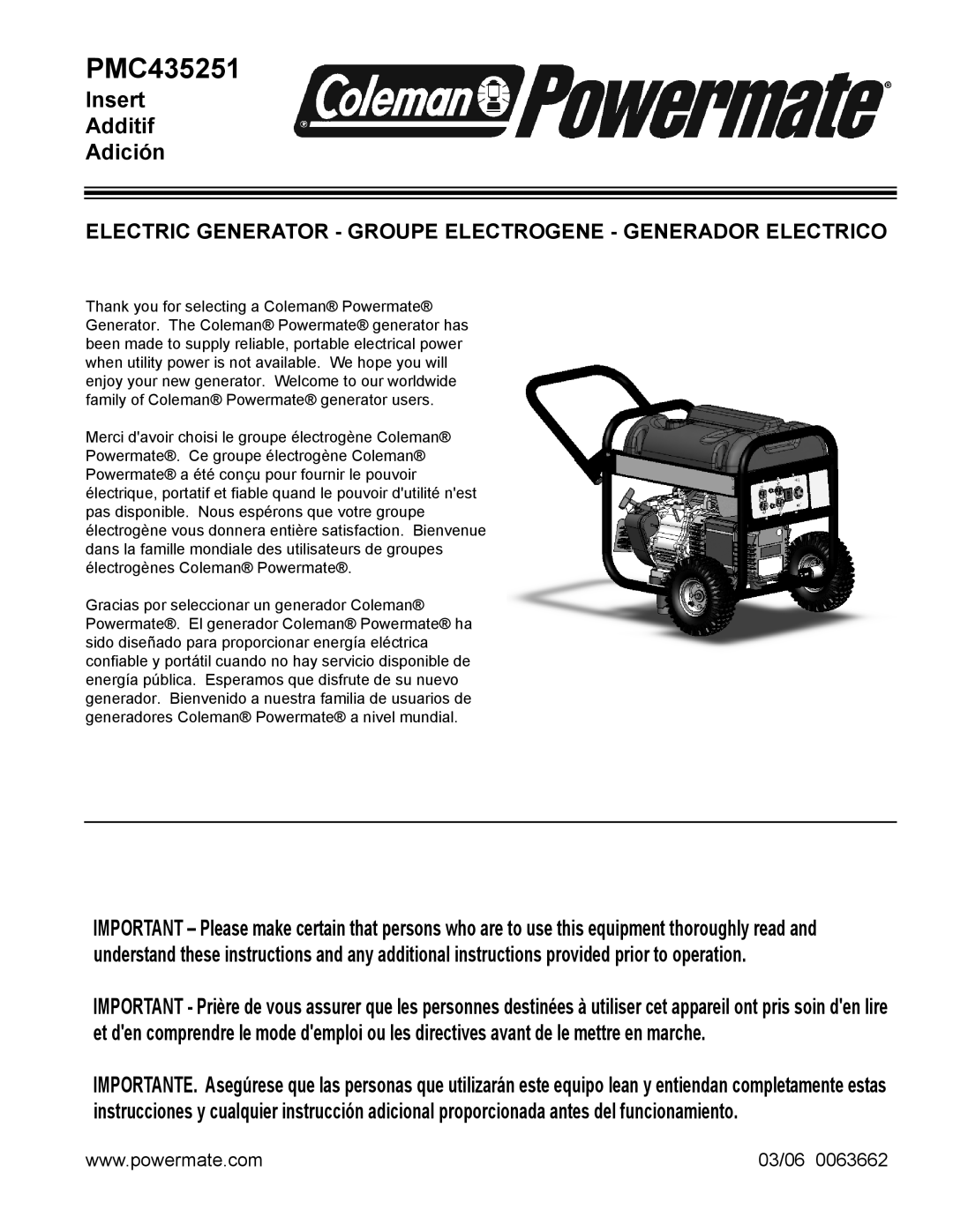 Powermate PMC435251 manual 