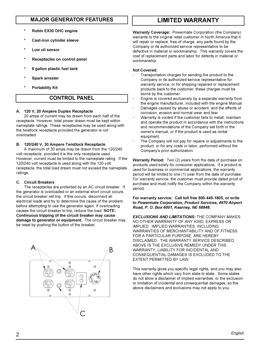 Powermate PMC435251 manual Limited Warranty, Major Generator Features, Control Panel 