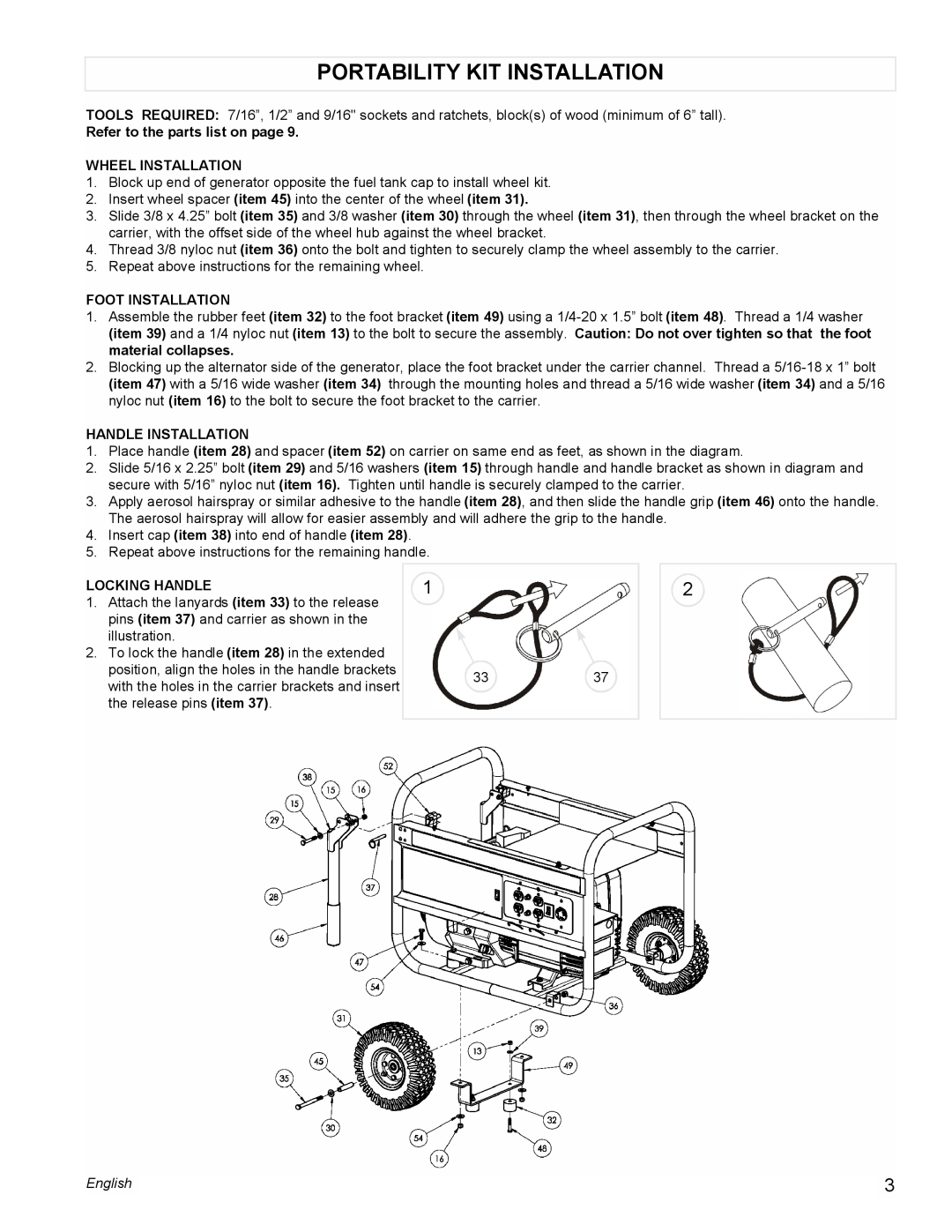 Powermate PMC496500 Portability Kit Installation, Refer to the parts list on page, Wheel Installation, Foot Installation 
