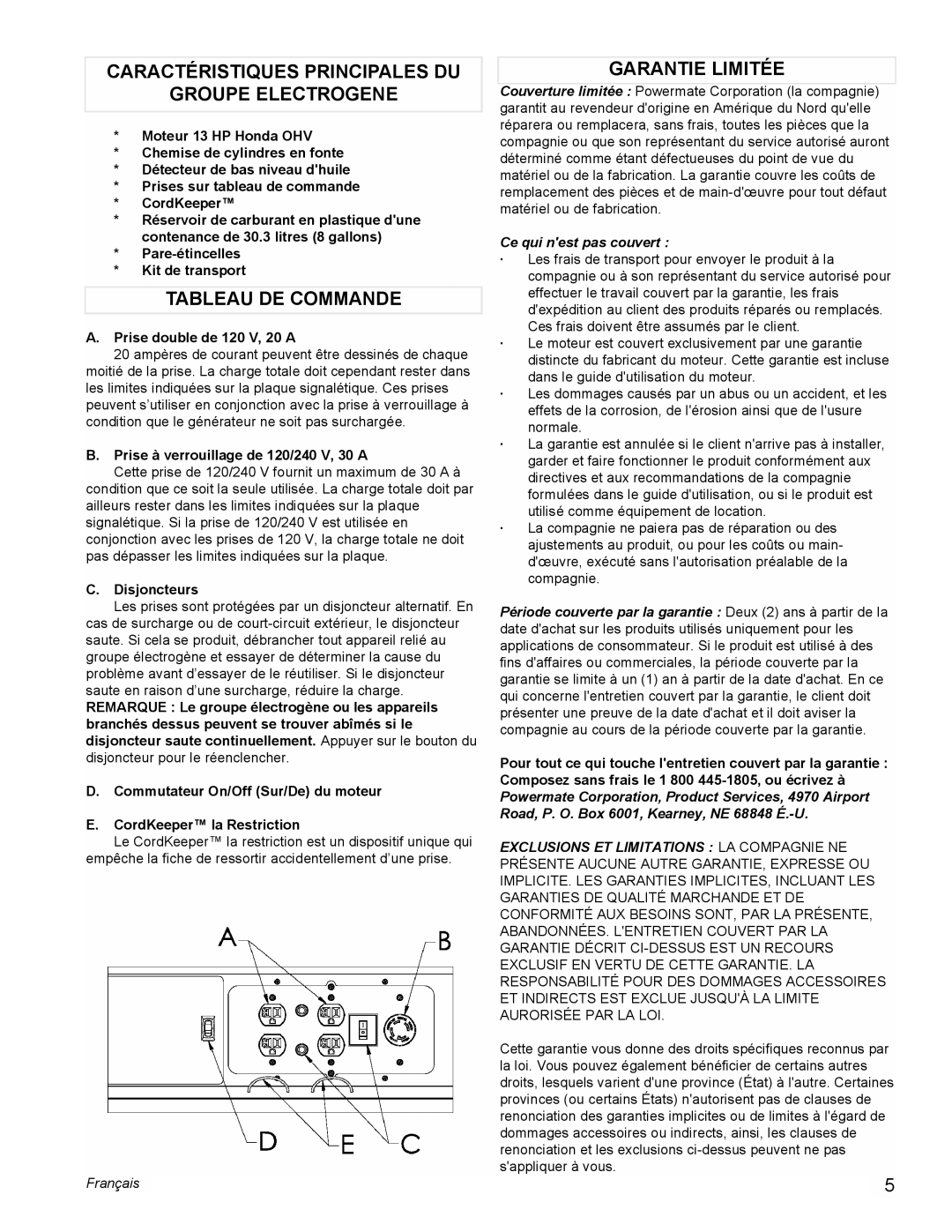 Powermate PMC496500 Caractéristiques Principales Du, Groupe Electrogene, Tableau De Commande, Garantie Limitée, Français 