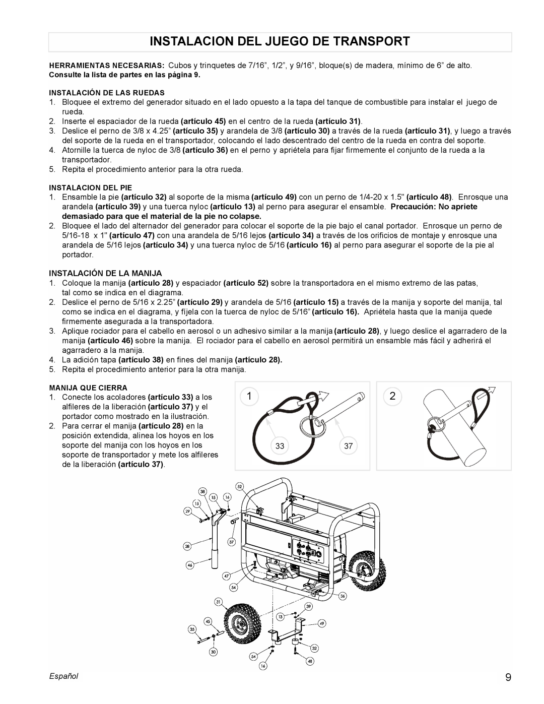 Powermate PMC496500 manual Instalacion Del Juego De Transport, Instalación De La Manija, Español 
