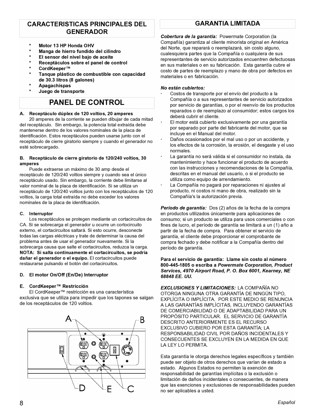 Powermate PMC496500 manual Panel DE Control, Caracteristicas Principales DEL Generador, Garantia Limitada 