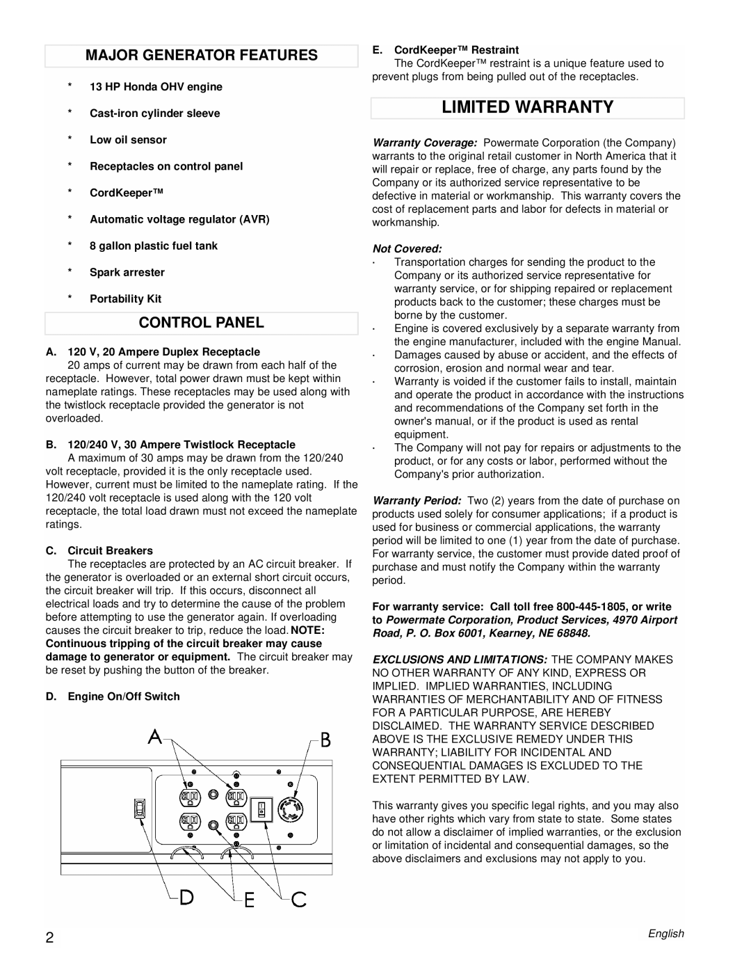 Powermate PMC496750 manual Limited Warranty, Major Generator Features, Control Panel 