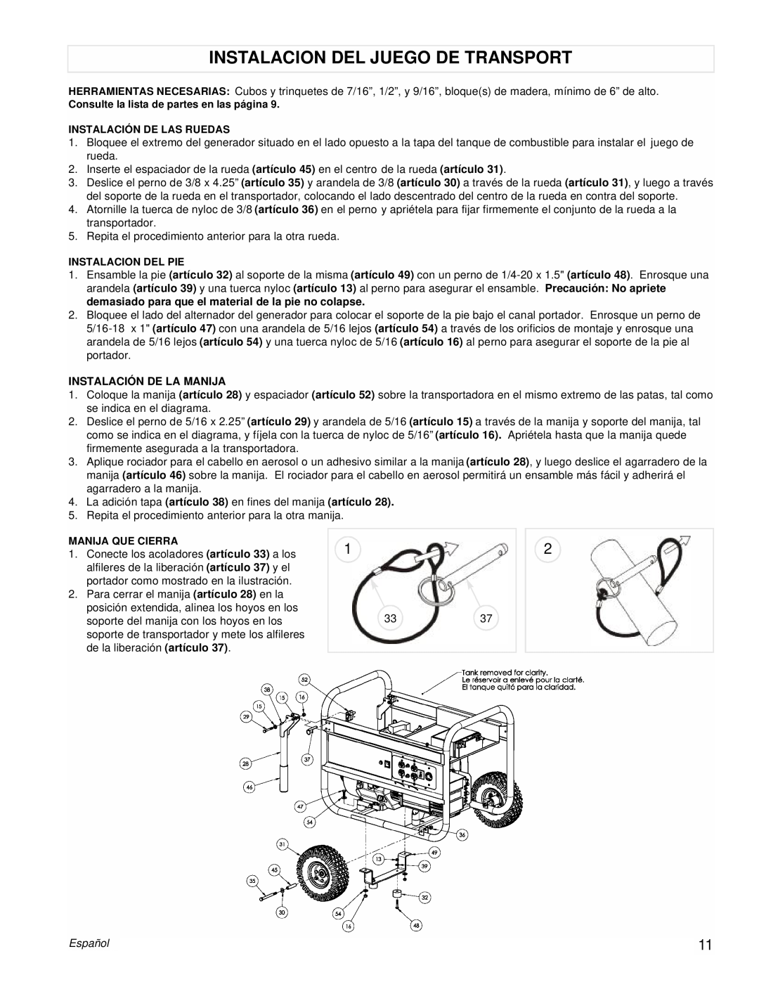 Powermate PMC496751 manual Instalacion Del Juego De Transport, Instalación De La Manija, Español 