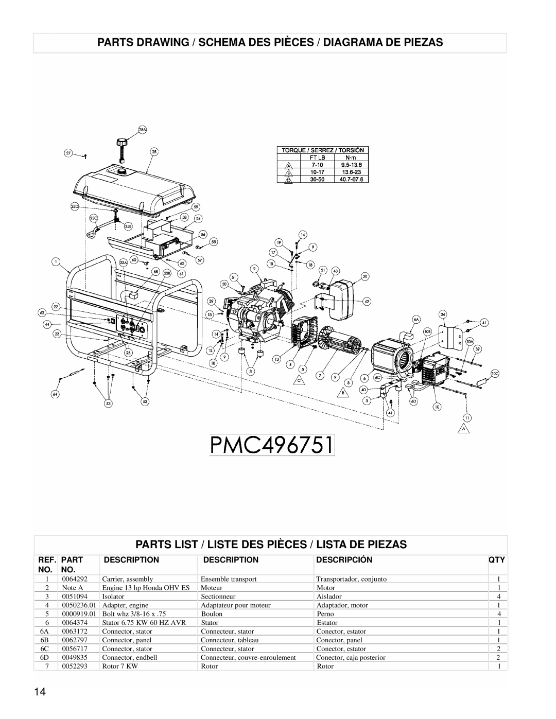 Powermate PMC496751 manual Parts List / Liste Des Pièces / Lista De Piezas, Description, Descripción 