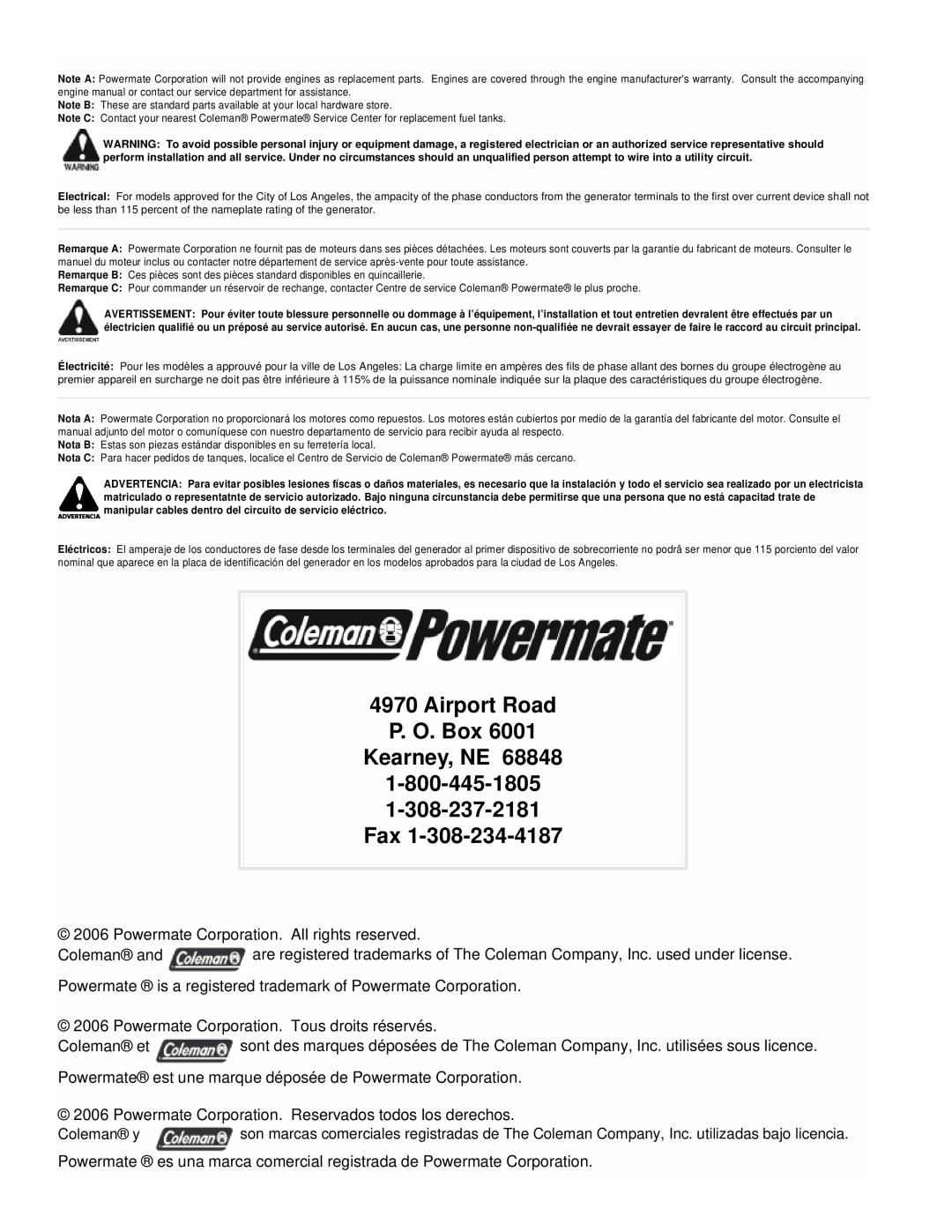 Powermate PMC496751 manual Airport Road P. O. Box Kearney, NE 