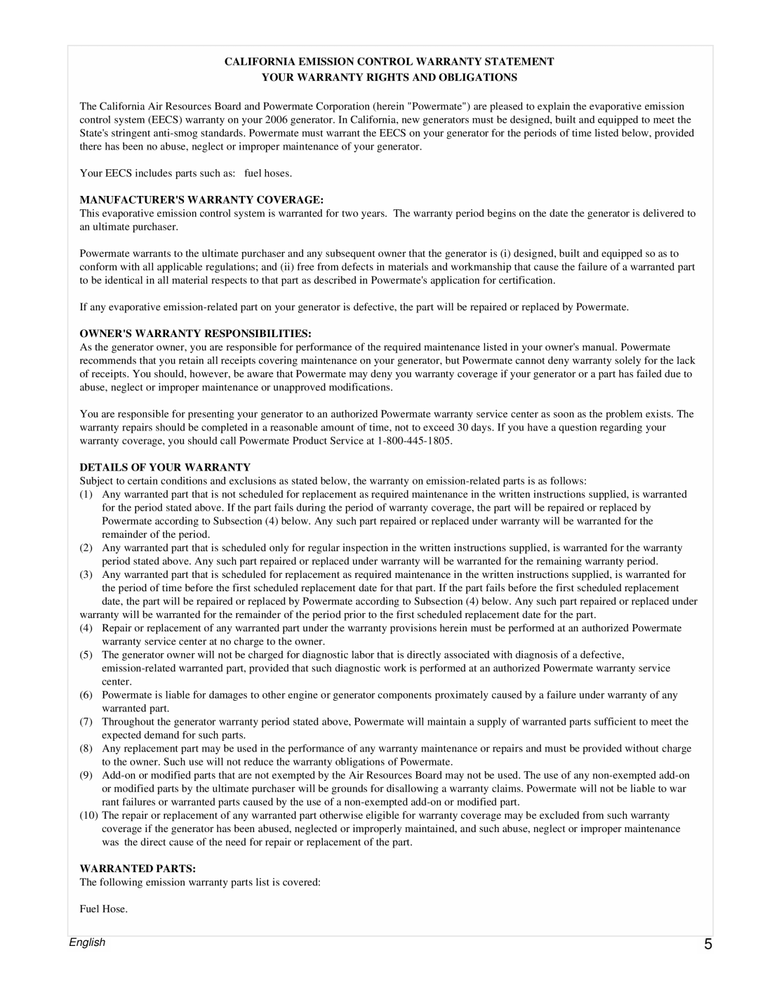Powermate PMC496751 California Emission Control Warranty Statement, Your Warranty Rights And Obligations, Warranted Parts 