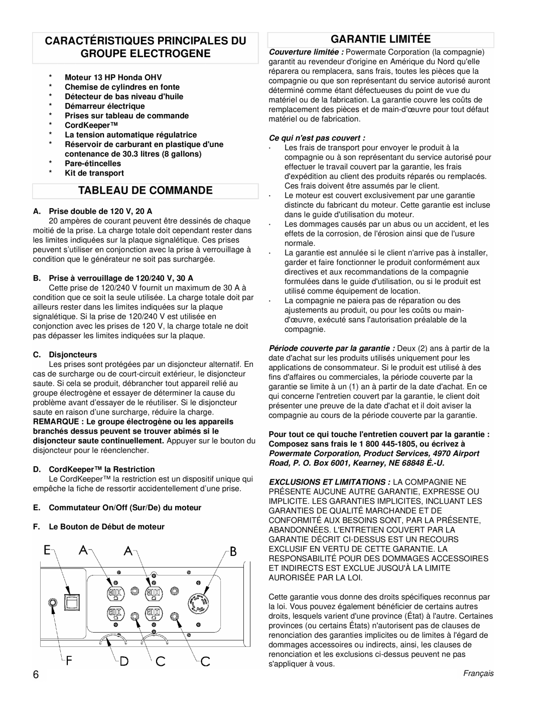 Powermate PMC496751 Caractéristiques Principales Du, Groupe Electrogene, Tableau De Commande, Garantie Limitée, Français 