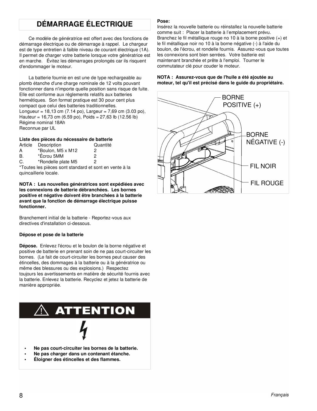 Powermate PMC496751 manual Démarrage Électrique, Borne Positive + Borne Négative Fil Noir, Fil Rouge, Pose, Français 