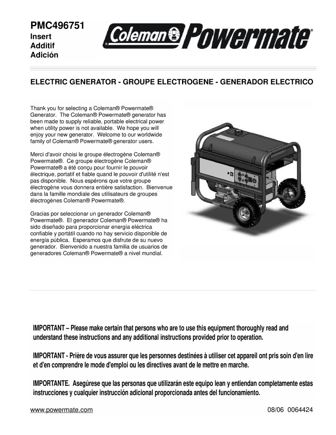 Powermate PMC496751 manual 