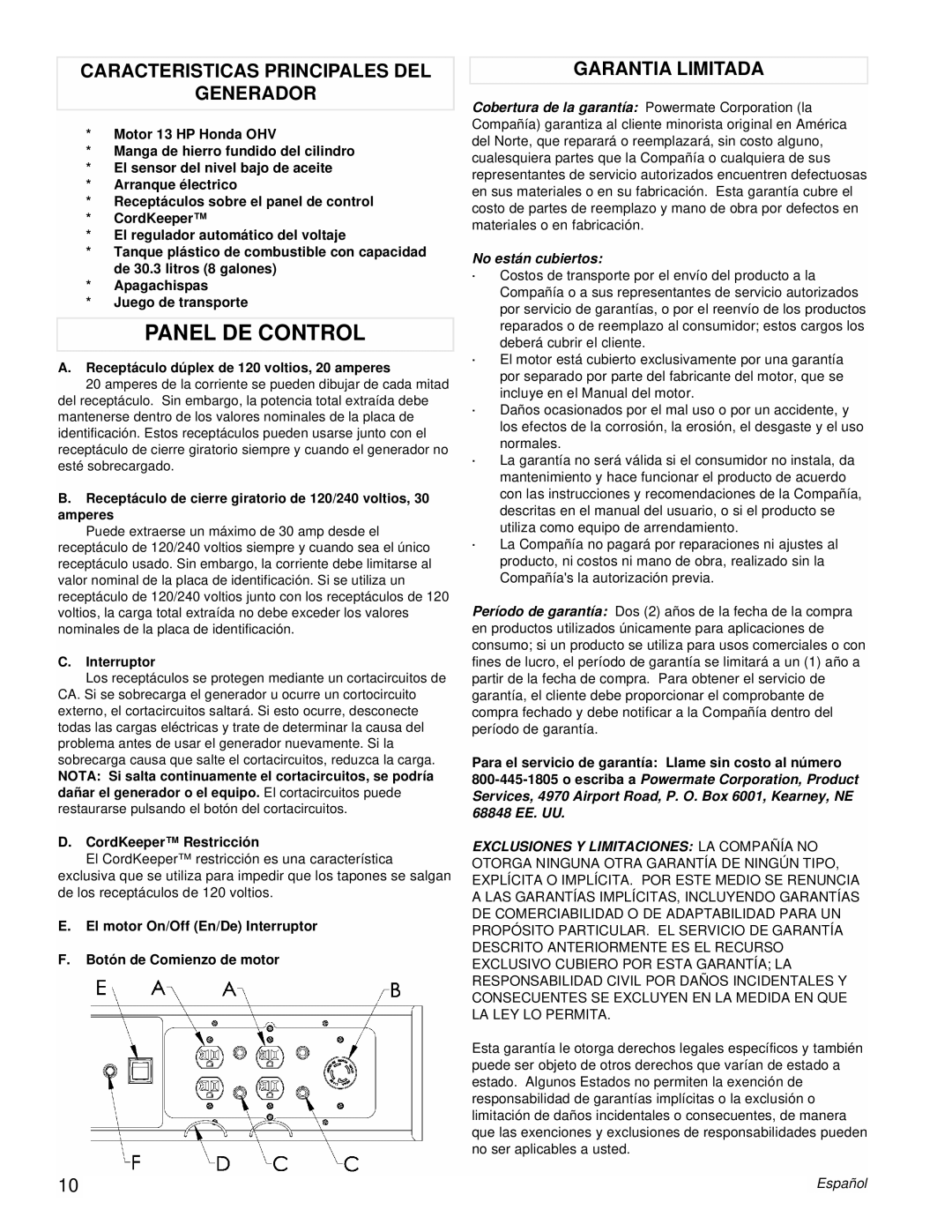 Powermate PMC496751 manual Panel DE Control, Receptáculo dúplex de 120 voltios, 20 amperes, Interruptor 