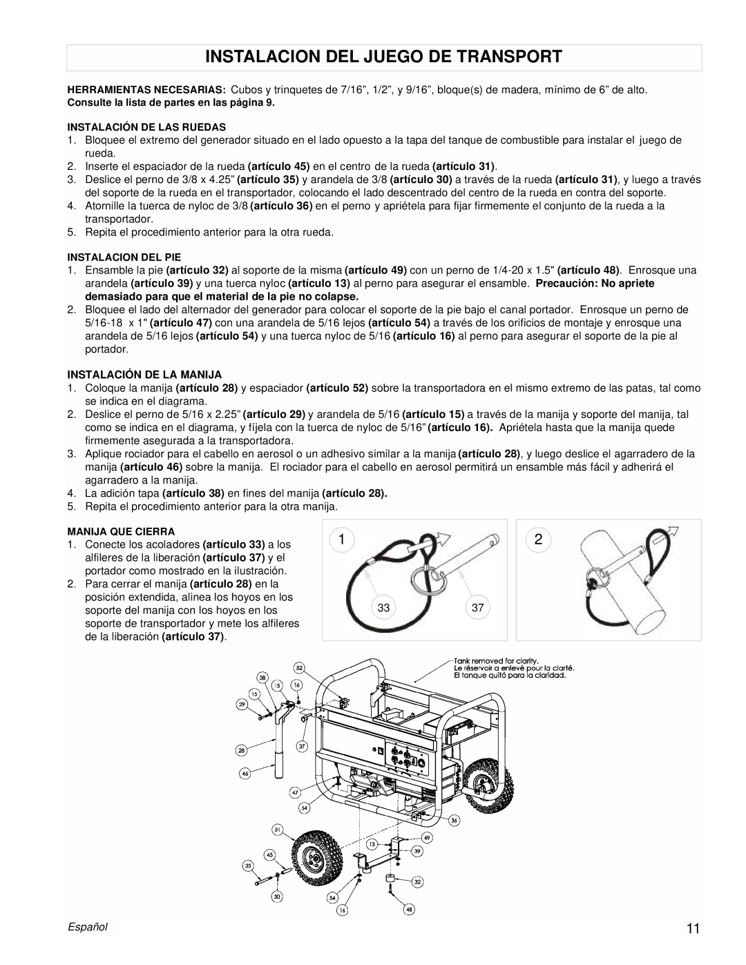 Powermate PMC496751 manual Instalacion DEL Juego DE Transport, Instalación DE LA Manija 