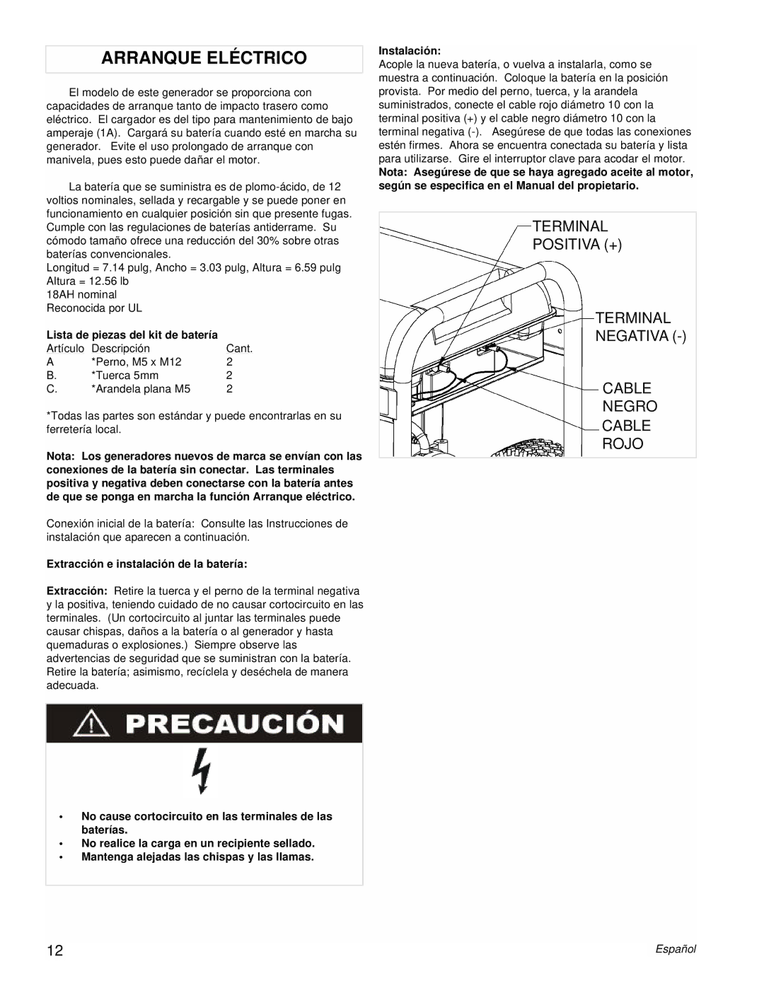 Powermate PMC496751 manual Arranque Eléctrico, Lista de piezas del kit de batería, Extracción e instalación de la batería 