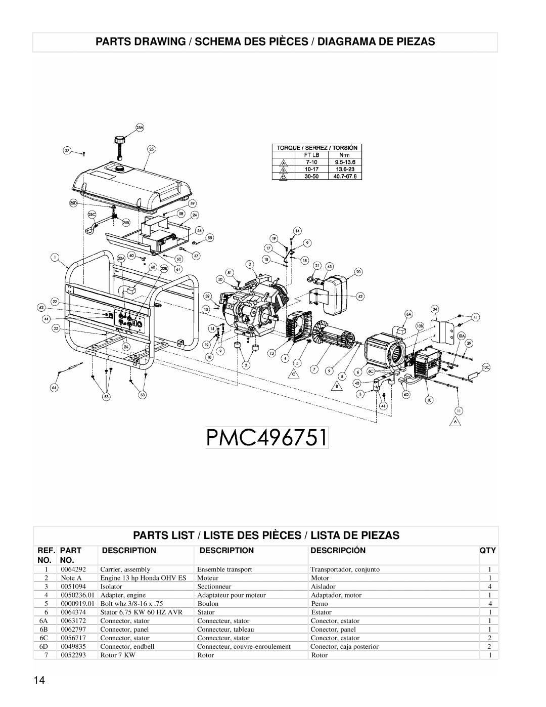 Powermate PMC496751 manual Part Description Descripción, Qty 