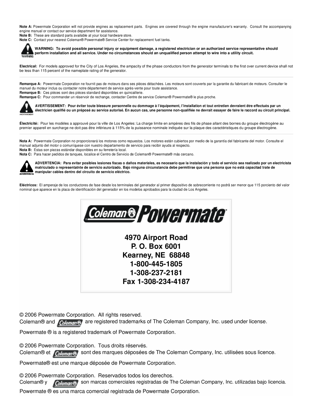 Powermate PMC496751 manual Airport Road Box Kearney, NE Fax 