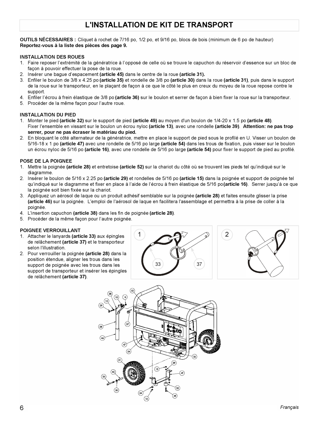 Powermate PMC497000 Linstallation De Kit De Transport, Reportez-vousà la liste des pièces des page, Installation Des Roues 