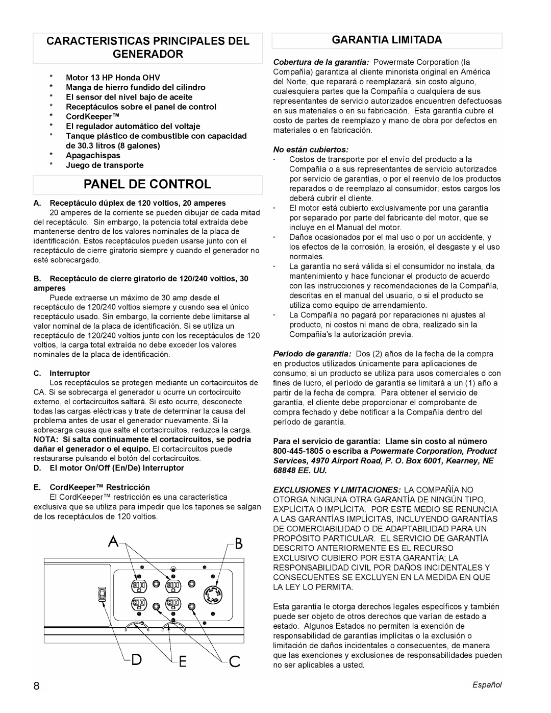 Powermate PMC497000 manual Panel De Control, Caracteristicas Principales Del Generador, Garantia Limitada 