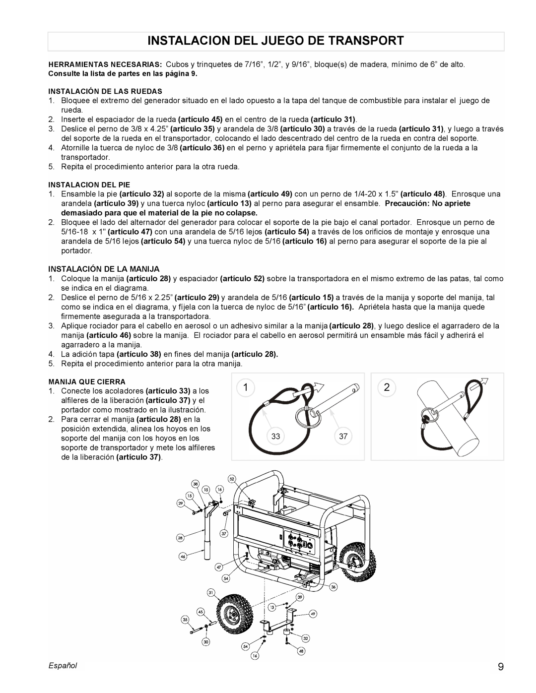 Powermate PMC497000 manual Instalacion Del Juego De Transport, Instalación De La Manija, Español 