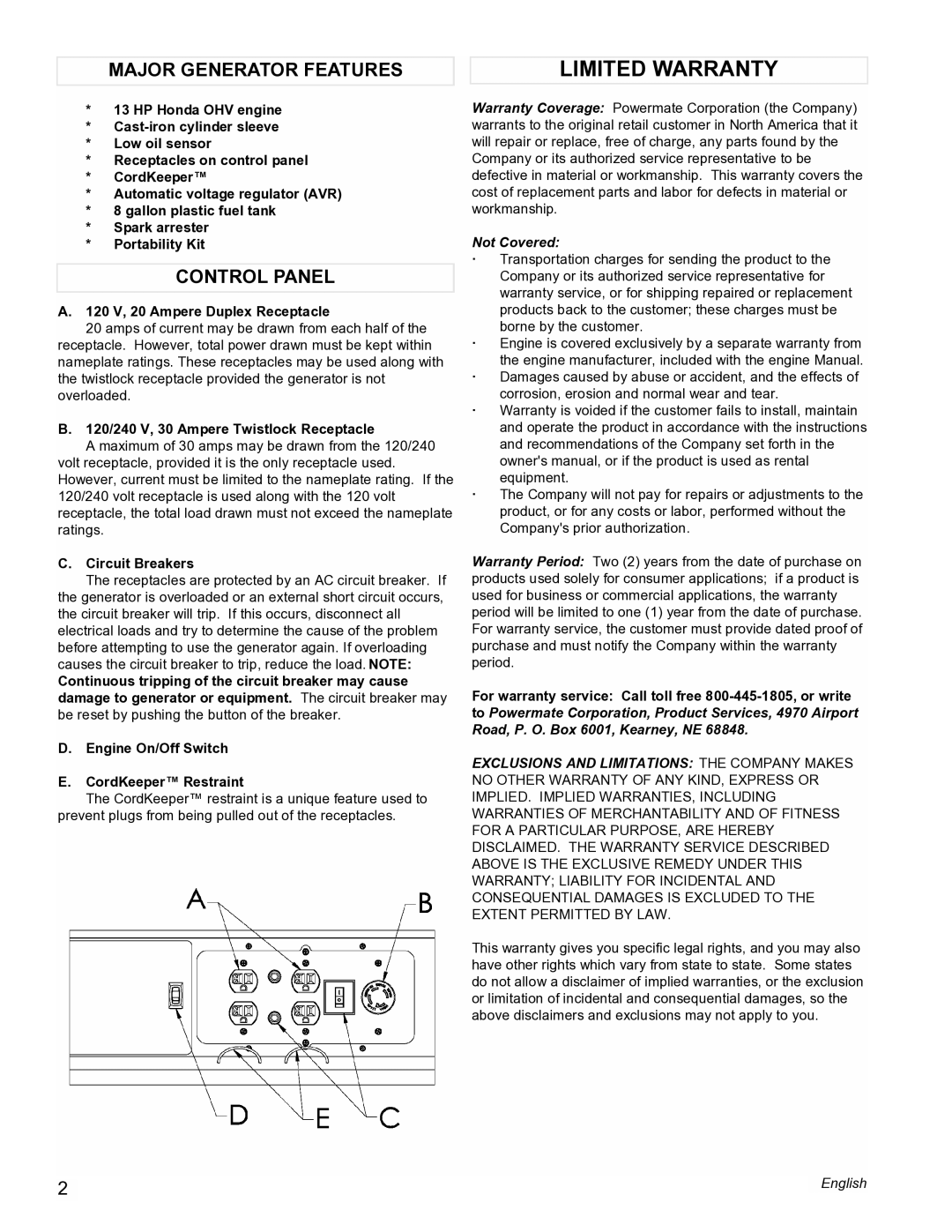 Powermate PMC497000 manual Limited Warranty, Major Generator Features, Control Panel 