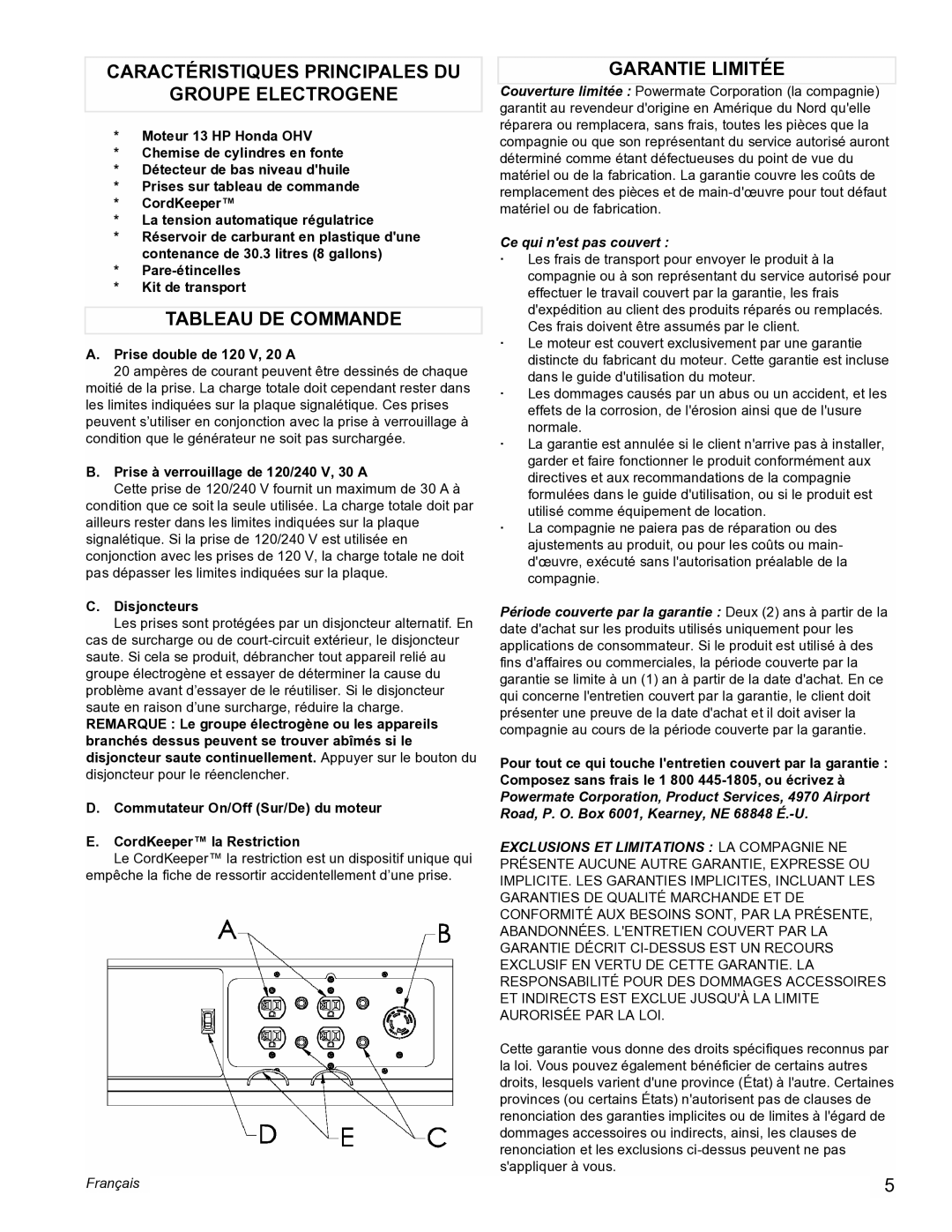 Powermate PMC497000 manual Caractéristiques Principales DU Groupe Electrogene, Tableau DE Commande, Garantie Limitée 