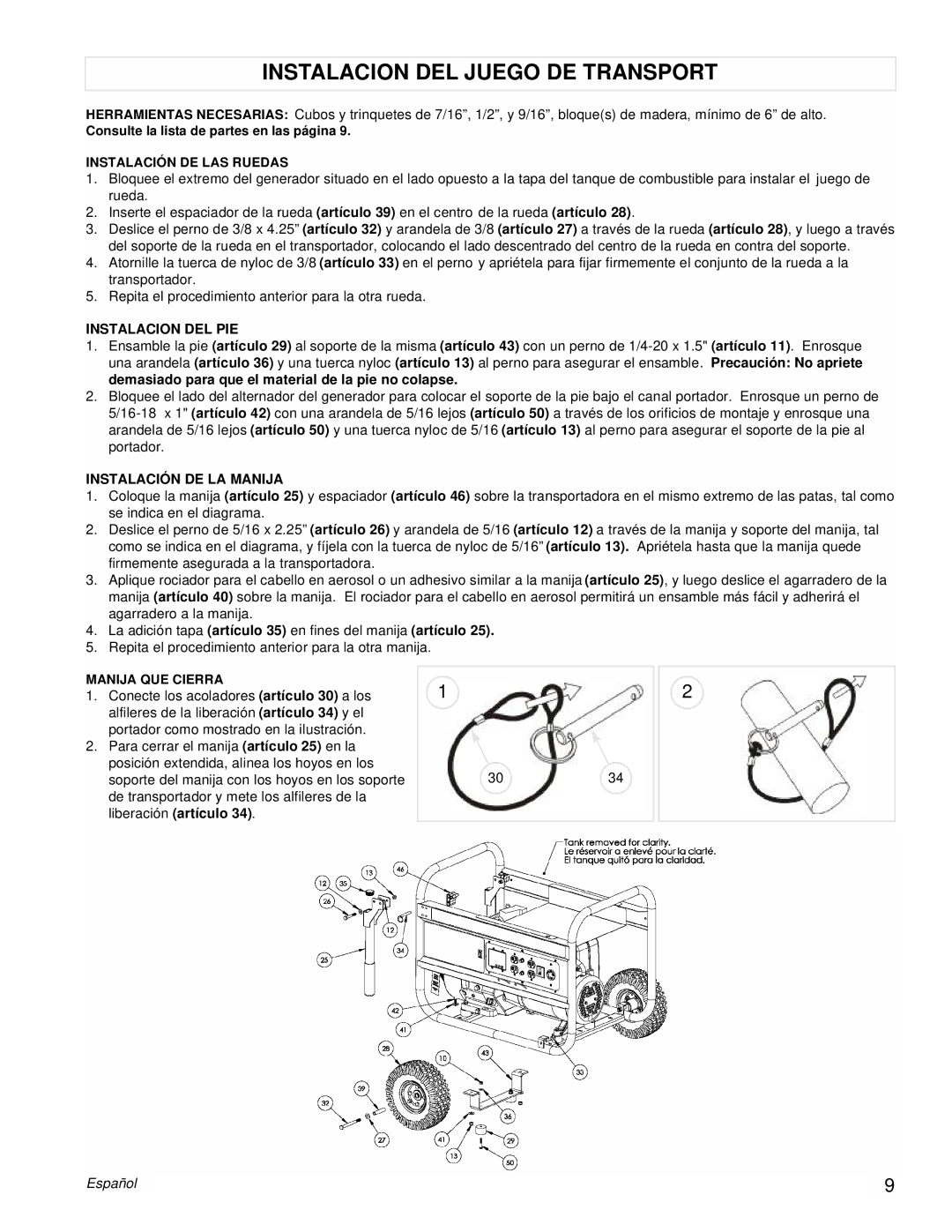 Powermate PMC497002 manual Instalacion DEL Juego DE Transport, Instalacion DEL PIE, Instalación DE LA Manija 