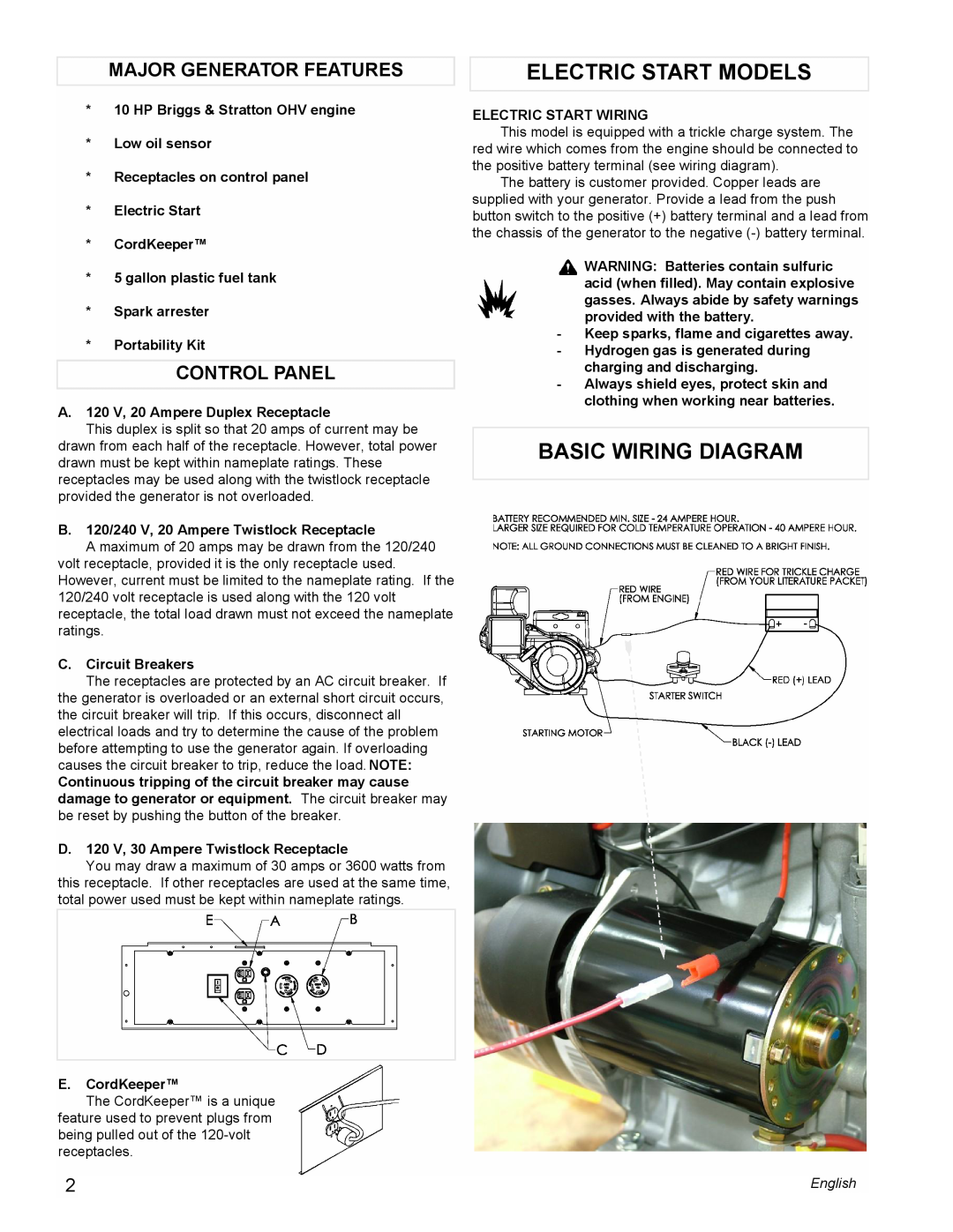 Powermate PMC505622 manual Electric Start Models, Basic Wiring Diagram, Major Generator Features, Control Panel, English 