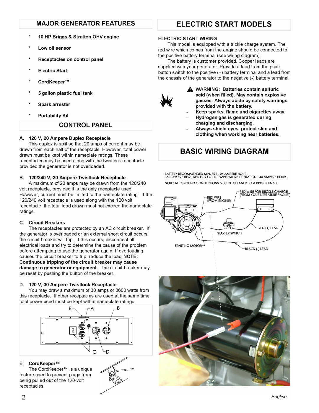 Powermate PMC505622 manual Electric Start Models, Basic Wiring Diagram, Major Generator Features, Control Panel 