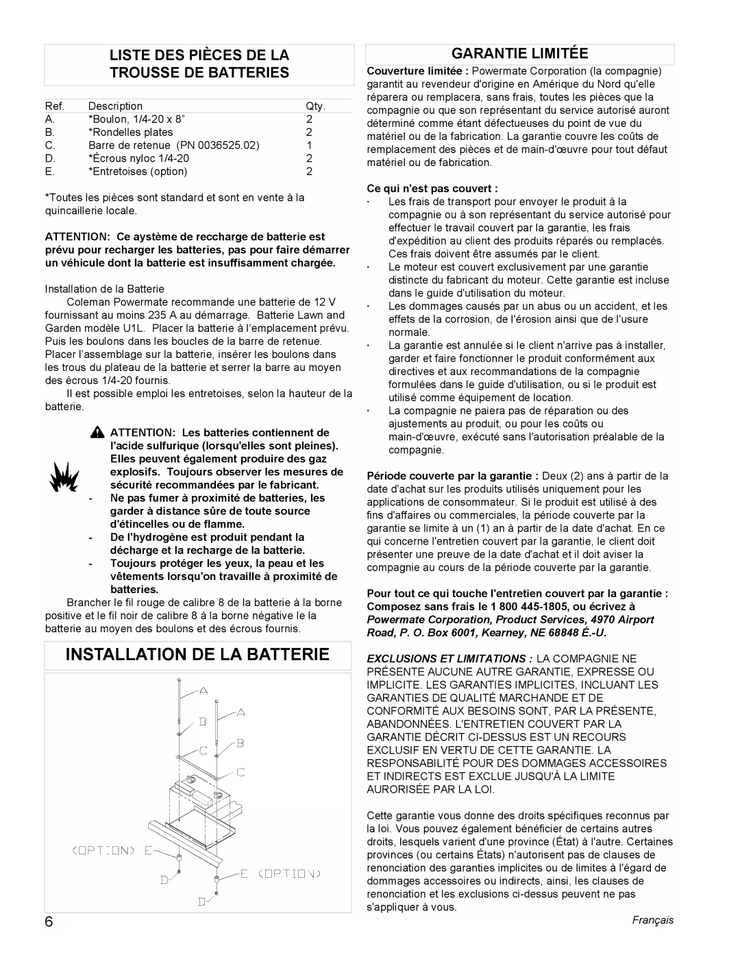 Powermate PMC505622 manual Installation DE LA Batterie, Liste DES Pièces DE LA Trousse DE Batteries, Garantie Limitée 