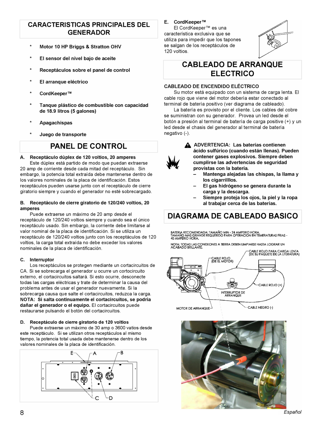 Powermate PMC505622 manual Panel DE Control, Cableado DE Arranque Electrico, Diagrama DE Cableado Basico, Interruptor 