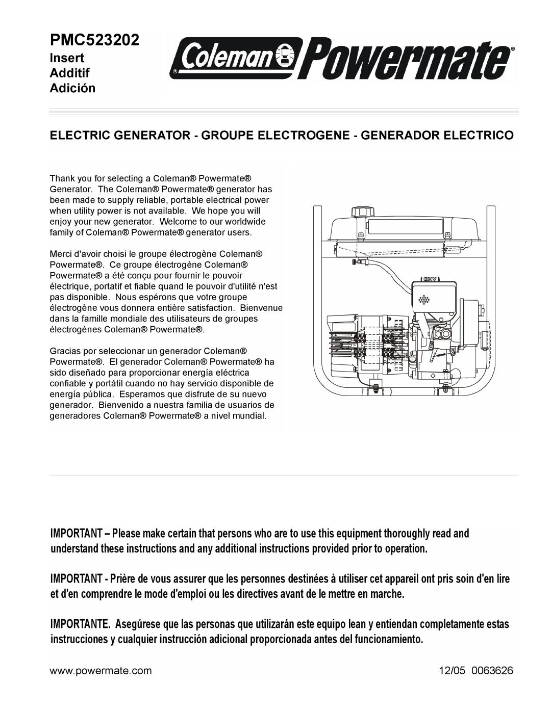 Powermate PMC523202 manual Insert Additif Adición, 12/05 
