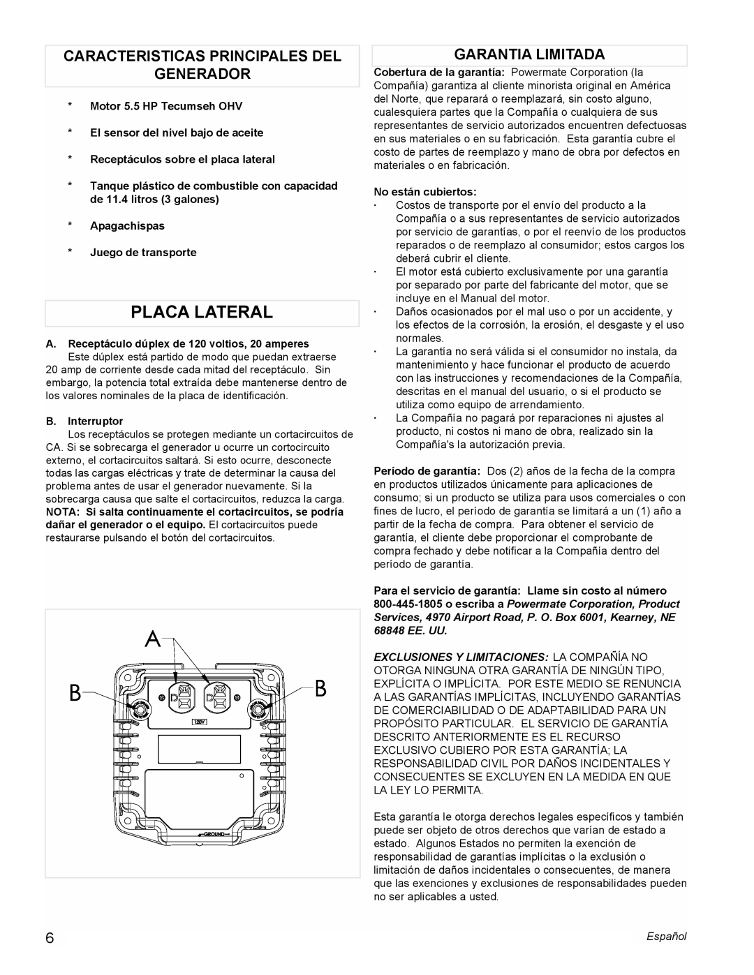 Powermate PMC523202 manual Placa Lateral, Caracteristicas Principales Del Generador, Garantia Limitada 