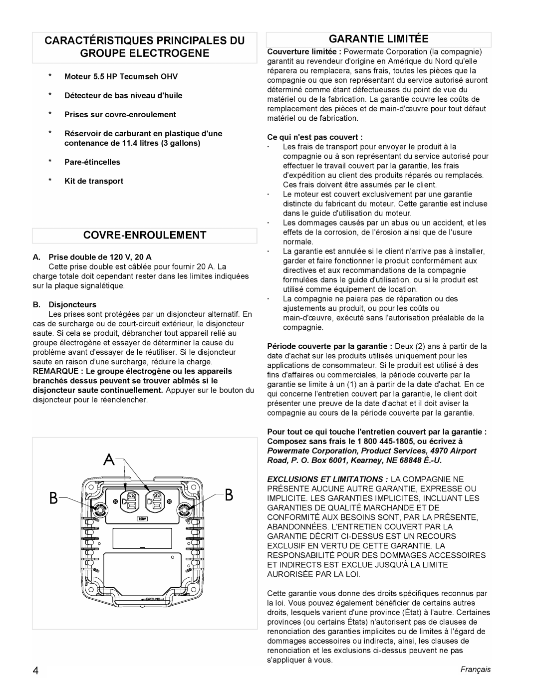 Powermate PMC523202 manual Caractéristiques Principales DU Groupe Electrogene, Covre-Enroulement, Garantie Limitée 