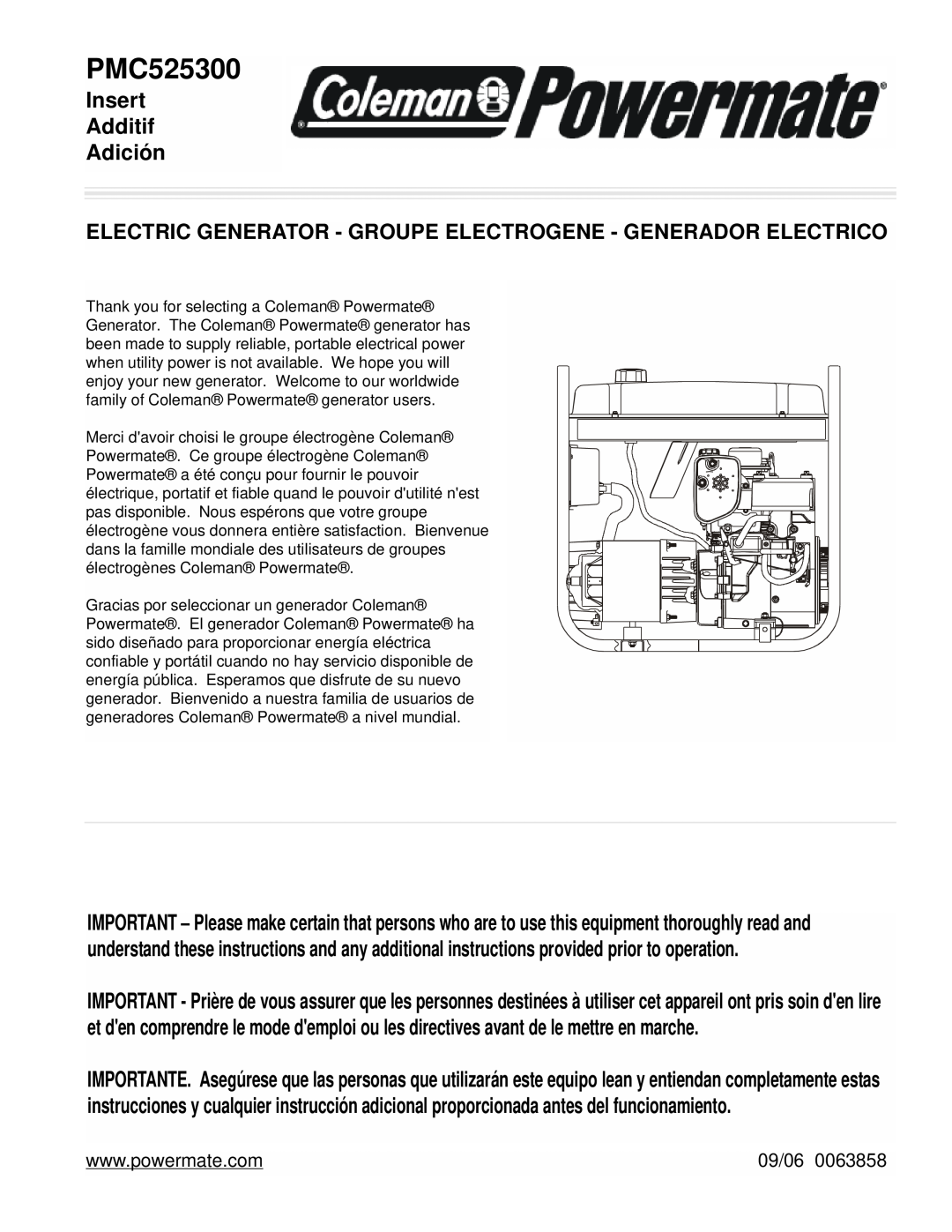 Powermate PMC525300 manual Insert Additif Adición, Electric Generator - Groupe Electrogene - Generador Electrico, 09/06 