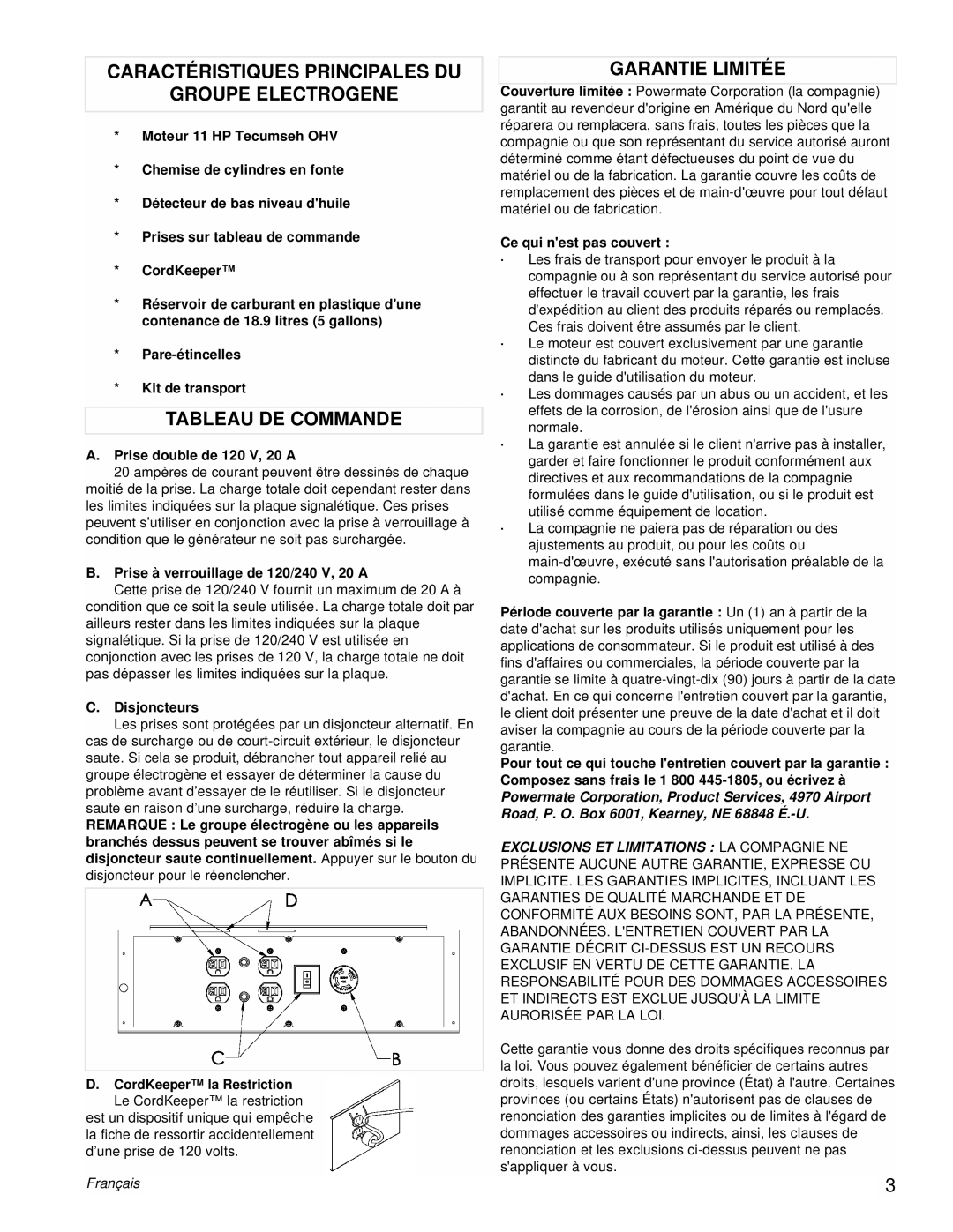 Powermate PMC525300 Caractéristiques Principales Du Groupe Electrogene, Tableau De Commande, Garantie Limitée, Français 