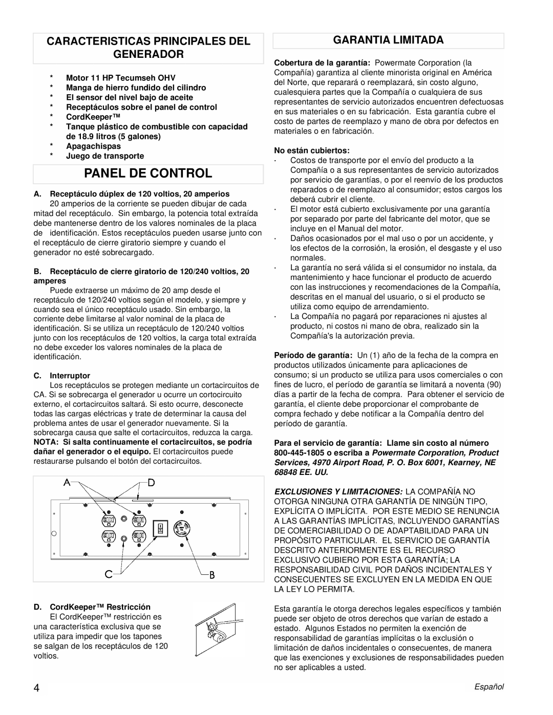 Powermate PMC525300 manual Panel De Control, Caracteristicas Principales Del Generador, Garantia Limitada 