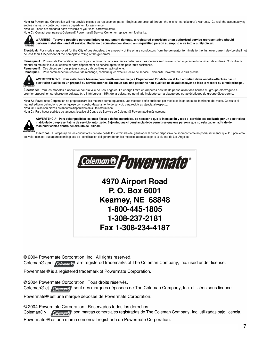 Powermate PMC525300 manual Airport Road P. O. Box Kearney, NE, Powermate Corporation, Inc. All rights reserved, Coleman y 