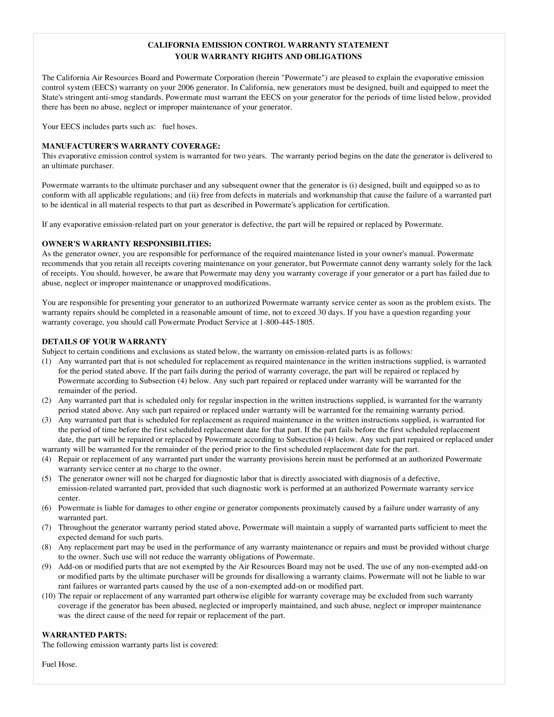 Powermate PMC525300 California Emission Control Warranty Statement, Your Warranty Rights And Obligations, Warranted Parts 