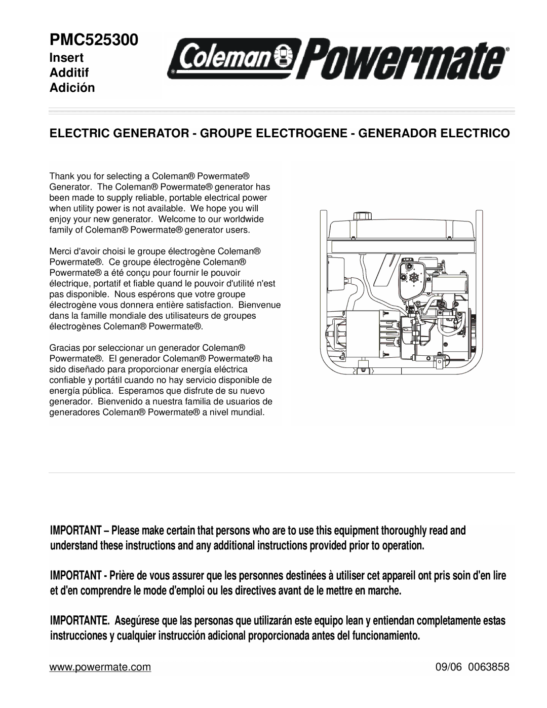 Powermate PMC525300 manual Insert Additif Adición 