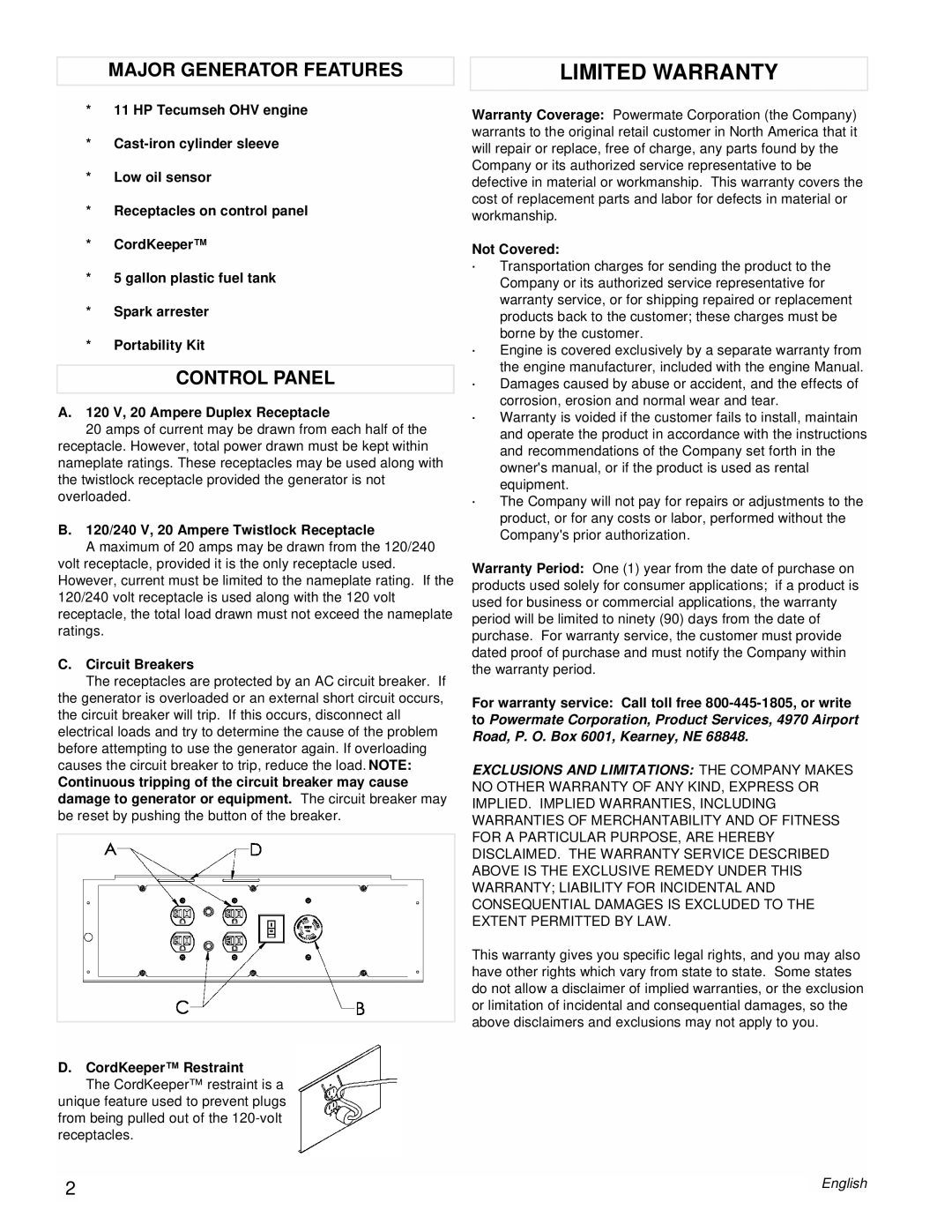 Powermate PMC525300 manual Limited Warranty, Major Generator Features, Control Panel 