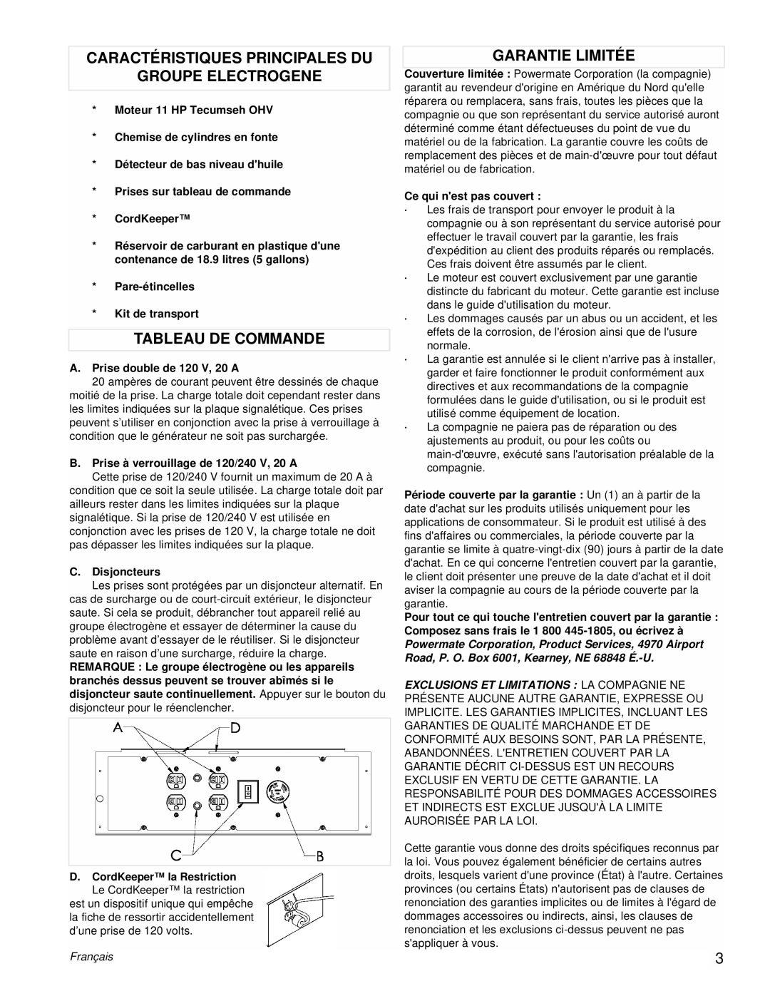 Powermate PMC525300 manual Caractéristiques Principales DU Groupe Electrogene, Tableau DE Commande, Garantie Limitée 