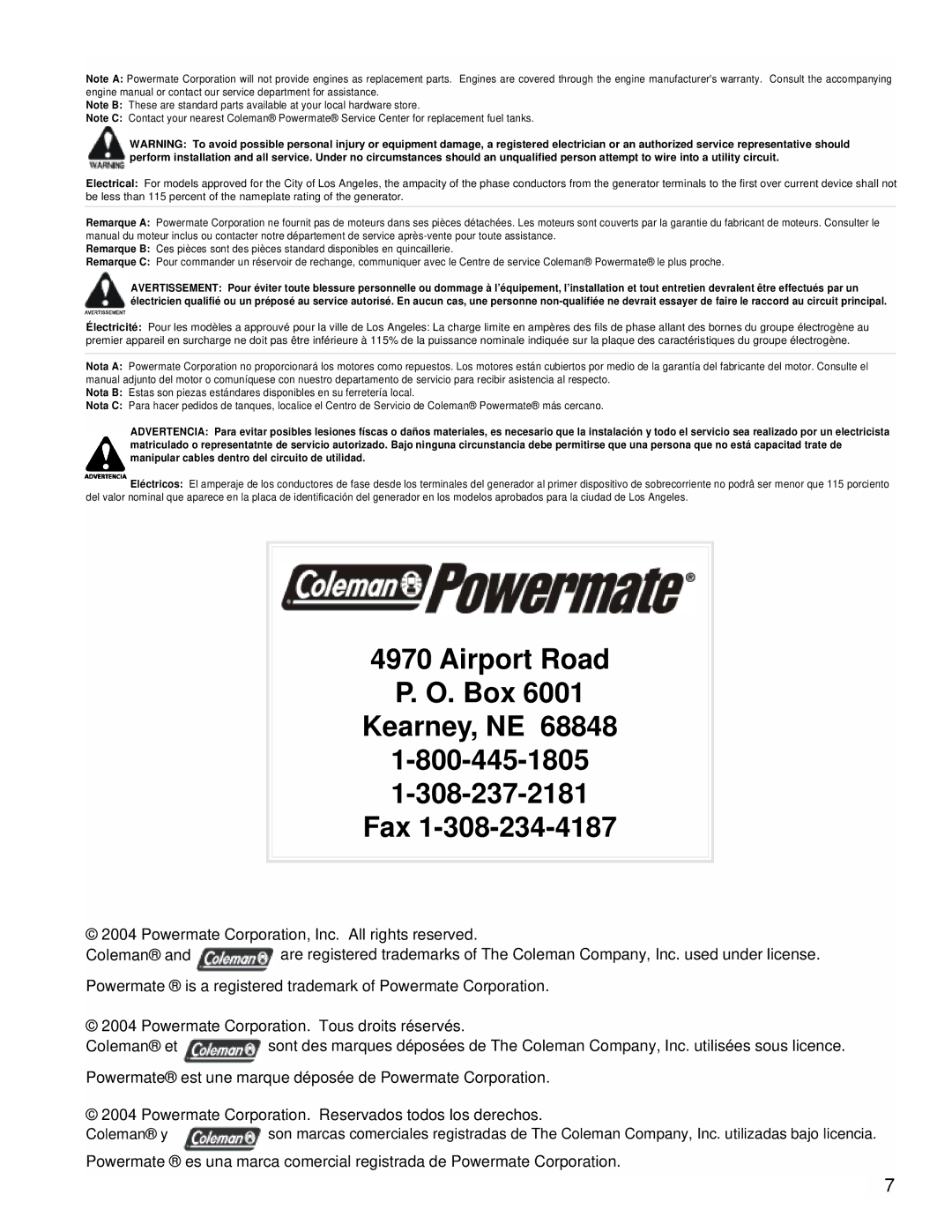 Powermate PMC525300 manual Airport Road Box Kearney, NE Fax 