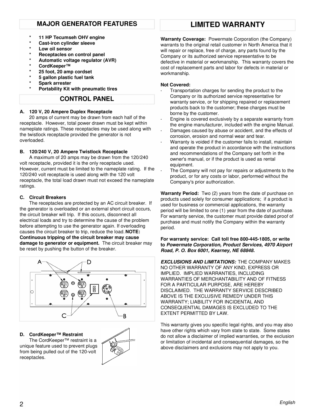 Powermate PMC525502 manual Limited Warranty, Major Generator Features, Control Panel 